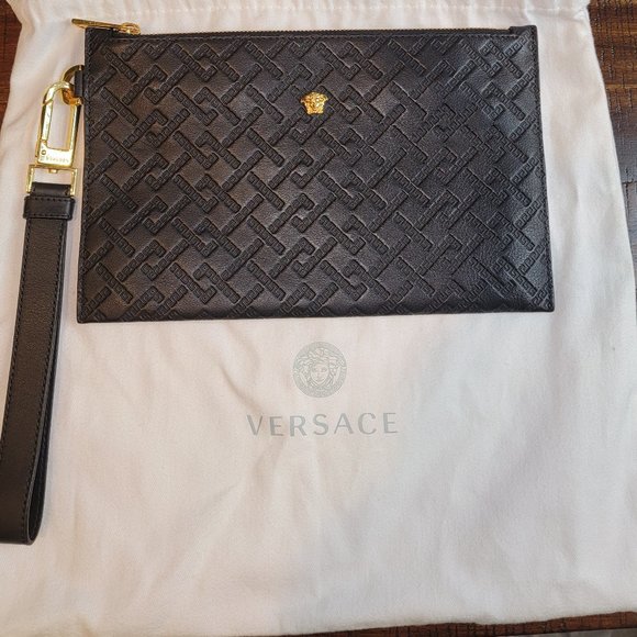 Authentic Versace Black Leather Wristlet Clutch, Gold Hardware 6.5"(L) x 10"(W) - Picture 13 of 14